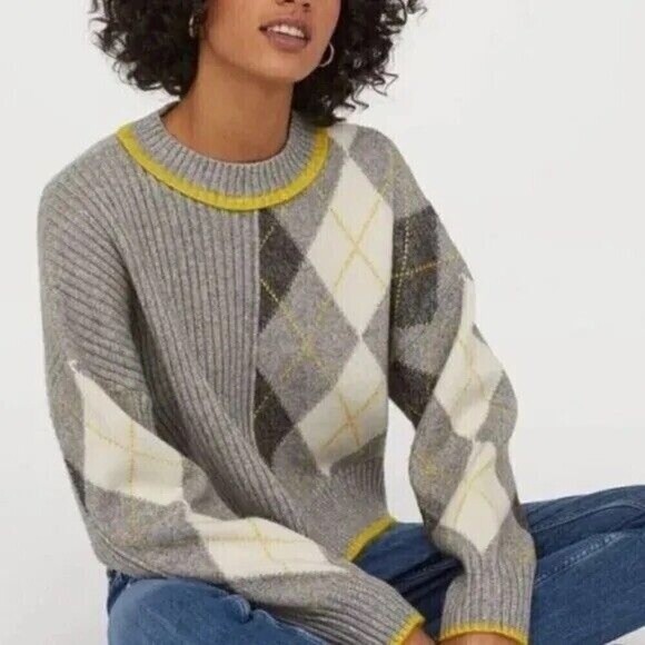 Pringle Of Scotland X H&M Argyle Sweater Gray Yellow Size Small - Picture 1 of 7